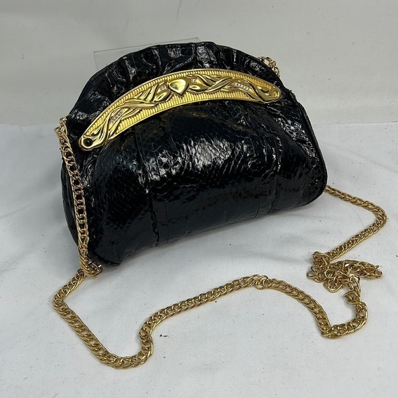 Black Python Gold Frame Evening Shoulder Clutch Bag - Picture 1 of 9